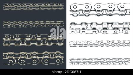 Stylized vector illustration of a close-up of mechanical chain transmission drawings from different angles Stock Vector