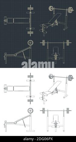 Stylized vector illustration drawings of benches for bench press with barbell Stock Vector
