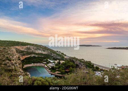 Vouliagmeni lake, a popular resort in Athens' Riviera, in Attica region, Athens, Greece, Europe. Stock Photo