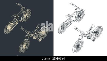 Stylized vector illustrations of a mountain bike isometric drawings Stock Vector