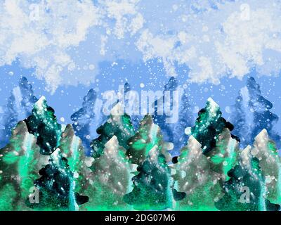 Winter background, landscape with snowfall. Watercolor hand drawn ...