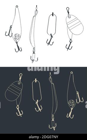 Stylized vector illustration of a floating minnow fishing hard lure set Stock Vector