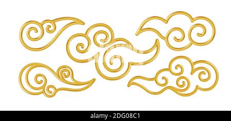 Set of realistic golden shiny chinese traditional symbols of clouds. Vector illustration Stock Vector