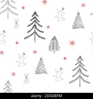 Seamless pattern,forest with trees, under the tree bear and fox ,gray trees on a white background Stock Vector