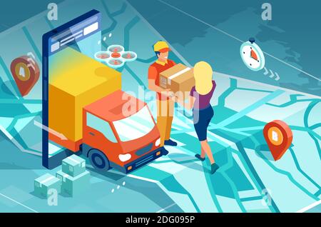Online shopping concept. Vector of a delivery man carrying a box to a internet shopper Stock Vector