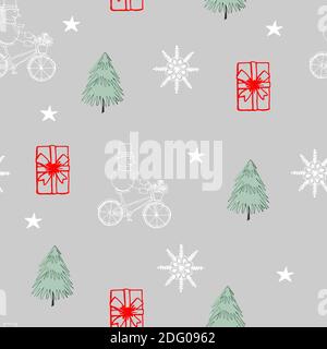 Seamless pattern, snowman on a bike, tree and snowflakes on a gray background Stock Vector