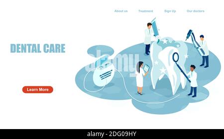 Dental care concept. Vector of a team of dentists cleaning, checking up a tooth Stock Vector