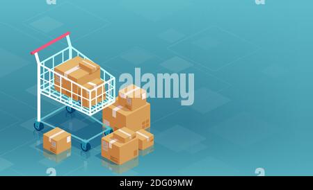 Vector of cardboard boxes and shopping cart on blue background. Stock Vector