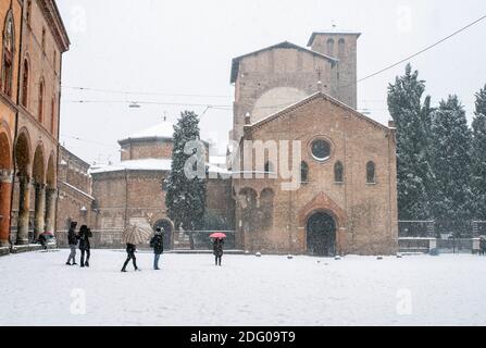 Snow falling on the Basilica di Santo Stefano, Bologna, Italy. Stock Photo