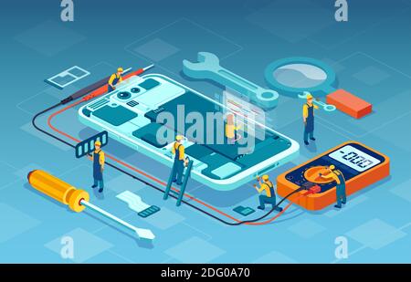 Vector of servicemen repairing smartphone Stock Vector