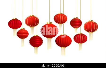 Set of realistic red gold chinese new year lanterns isolated on white background. Vector illustration Stock Vector