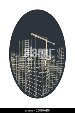 Stylized vector illustration of a sketch on the theme of the construction industry. Large skyscrapers under construction Stock Vector