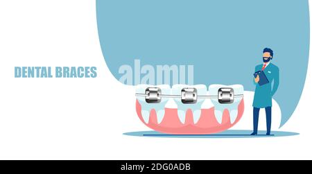 Cosmetic orthodontic procedures concept. Vector of a dentist standing near teeth with dental braces Stock Vector