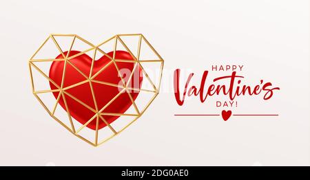 Valentines day template design with red heart and gold low poly heart shape frame. Vector illustration Stock Vector