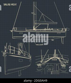 Stylized vector illustration of blueprints of a sailing yacht Stock Vector