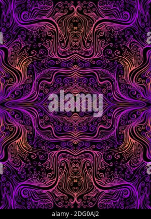 Vintage Psychedelic Trippy Colorful Fractal Pattern. Gradient outline neon purple, orange colors, isolated on black. Decorative surreal abstract curly Stock Vector