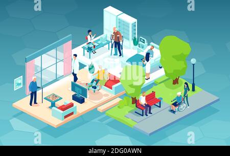 Vector of a nursing home with elderly people men and women with disabilities being assisted by medical staff Stock Vector