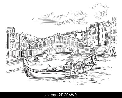 Vector hand drawing sketch illustration of Rialto Bridge on Grand Canal in Venice. Venice skyline hand drawn sketch in black color isolated on white b Stock Vector