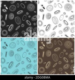 Stylized vector illustration of various gears, washers, bolts and nuts. Illustrations are seamless in all directions if needed Stock Vector