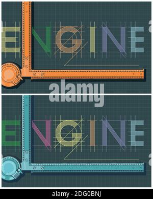 Stylized vector illustration on the them of engineering and design. Engineering Drawing Board close-up colorful composition Stock Vector