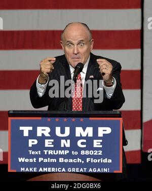 **FILE PHOTO** Rudy Giuliani Tests Positive for Covid-19. WEST PALM BEACH, FL - OCTOBER 13: Former Mayor of New York City Rudy Giuliani speaks prior to Republican presidential candidate Donald Trump during a campaign rally at the South Florida Fair Expo Center on October 13, 2016 in West Palm Beach, Florida. Trump continues to campaign against Democratic presidential candidate Hillary Clinton with less than one month to Election Day. Credit: hoo-me.com/MediaPunch Stock Photo