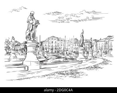 Vector hand drawing illustration of Prato della Valle in Padua. Venice cityscape hand drawn sketch in black color isolated on white background. Travel Stock Vector