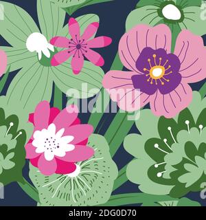 Tropical blooming flowers and leaves pattern Stock Vector
