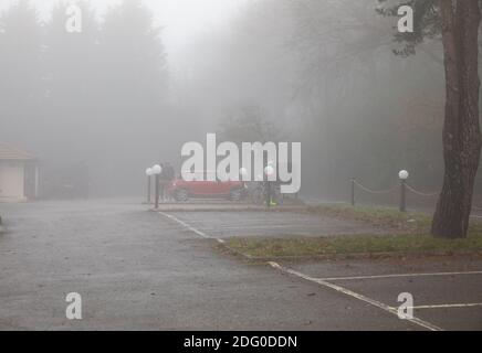 Westerham,Kent,7th December 2020,Shampan at the Spinning Whelel can be seen trough the mist on a Foggy Morning in Westerham, Kent, the weather forecast is for cloud, 2C and maybe some snow flurries later today.Credit: Keith Larby/Alamy Live News Stock Photo