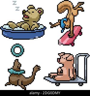 pixel art set isolated funny animal Stock Vector