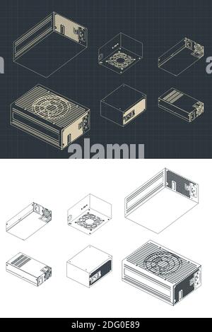 Stylized vector illustration of computer power supplies isometric drawings mini set Stock Vector
