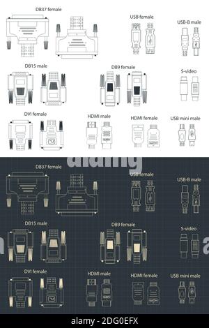 Stylized vector illustration of a Interface Plug-and-sockets drawing mini set Stock Vector