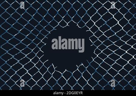 Wire fence with a hole on a dark background Stock Photo