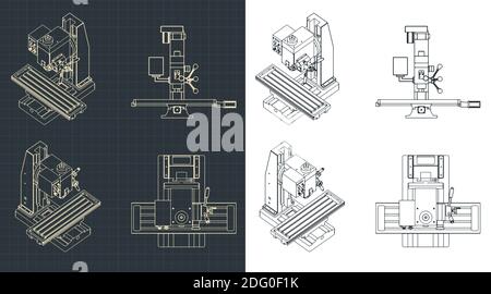 Stylized vector illustration of a table top cnc milling and lathe machine drawings Stock Vector