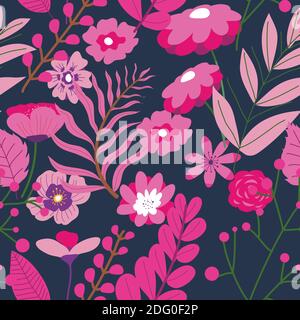 Pink decorative flowers and leaves pattern vector Stock Vector