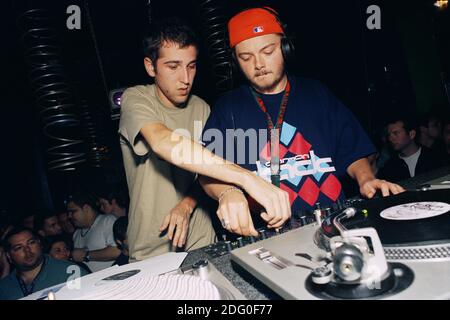 Thomas Bangalter (left) and Guy-Manuel de Homem-Christo (right) of Daft Punk DJ’ing at the Winter Music Conference in Miami, Florida. March 16, 1999. Stock Photo