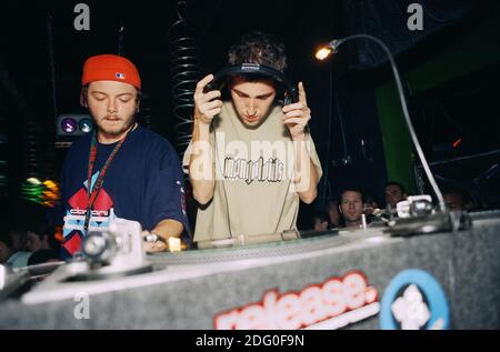 Guy-Manuel de Homem-Christo (left) and Thomas Bangalter (right) of Daft Punk DJ’ing at the Winter Music Conference in Miami, Florida. March 16, 1999. Stock Photo