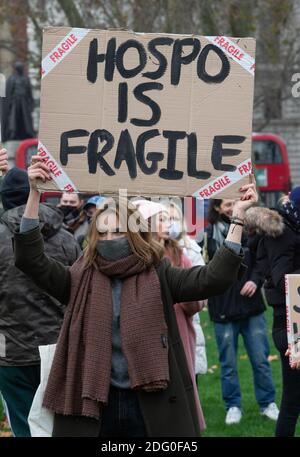 London, UK. 7th Dec, 2020. Hospitalty workers demonstrate outside Parliament against the governments tier system. Credit: Mark Thomas/Alamy Live News