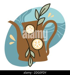Herbal tea, kettle with lemon slices and leaves Stock Vector