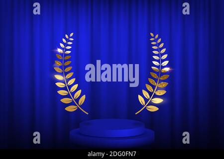 Golden laurel wreath over blue round podium with steps in front of the curtains. Vector illustration. Stock Vector