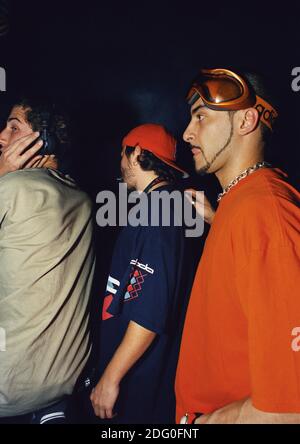 Thomas Bangalter (left) and Guy-Manuel de Homem-Christo (center) of Daft Punk, with Armand van Helden (right) at the Winter Music Conference in Miami, Florida. March 16, 1999. Stock Photo