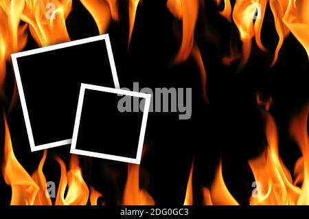 Empty frames with fire flames background Stock Photo