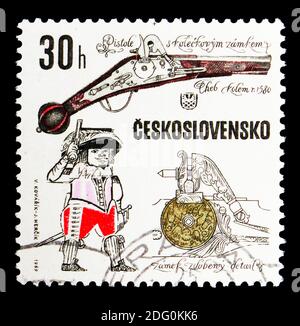 MOSCOW, RUSSIA - MAY 16, 2018: A stamp printed in Czechoslovakia shows Cheb pistol, Historical firearms serie, circa 1969 Stock Photo