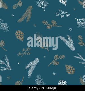 Seamless pattern with hand drawn cones, xmas tree. Christmas vector illustration. Stock Vector