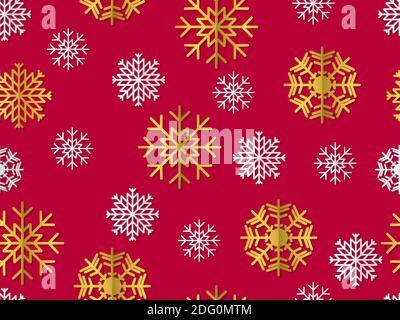 Snowflakes seamless pattern, white and gold snowflakes with shadow. Christmas and New Year background with falling snow. Vector illustration Stock Vector