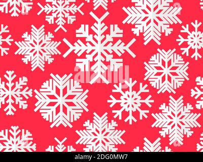 Snowflakes seamless pattern, white and red color. Merry Christmas and Happy New Year background with falling snow. Flat style. Vector illustration Stock Vector