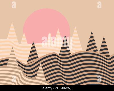 Landscape in a minimalist style, line art. Boho decor for prints, posters and interior design. Mid Century modern decor. Vector illustration Stock Vector