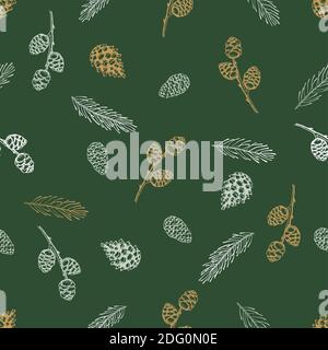 Seamless pattern with hand drawn cones, xmas tree. Christmas vector illustration. Stock Vector