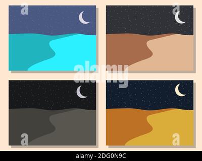 Night landscape in a minimalist style with a starry sky and a crescent moon. Boho decor for prints, posters and interior design. Mid Century modern de Stock Vector