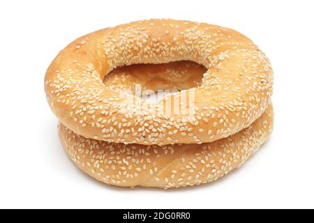 Two bagels with sesame seeds isolated on white Stock Photo