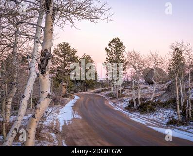 forest road in Vedauwoo Recreation Area, Wyoming,  known to the Arapaho Indians as Land of the Earthborn Spirit, winter scenery Stock Photo